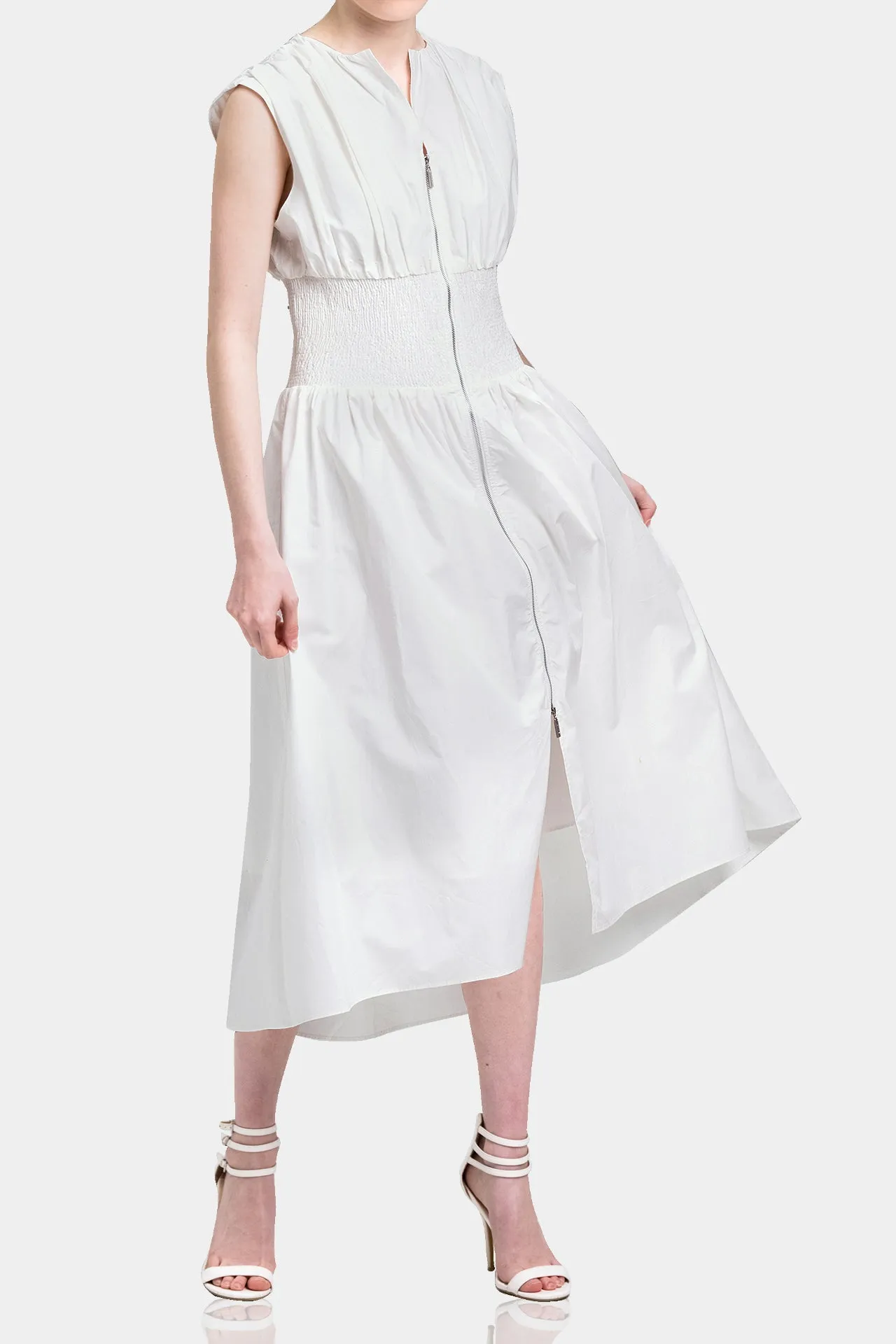 White Ruched Summer Midi Dress