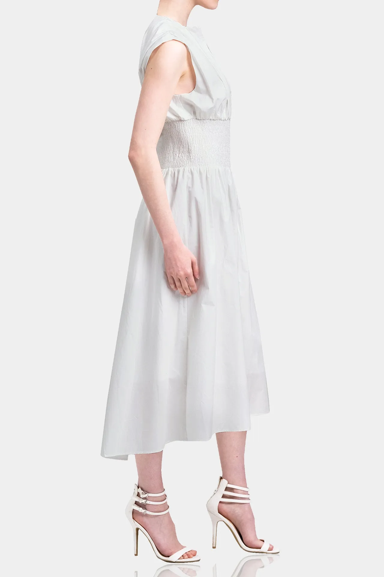 White Ruched Summer Midi Dress