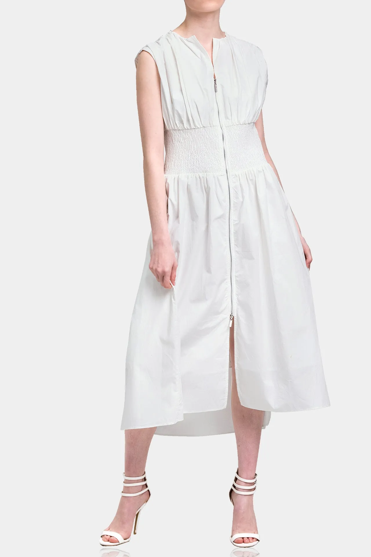 White Ruched Summer Midi Dress