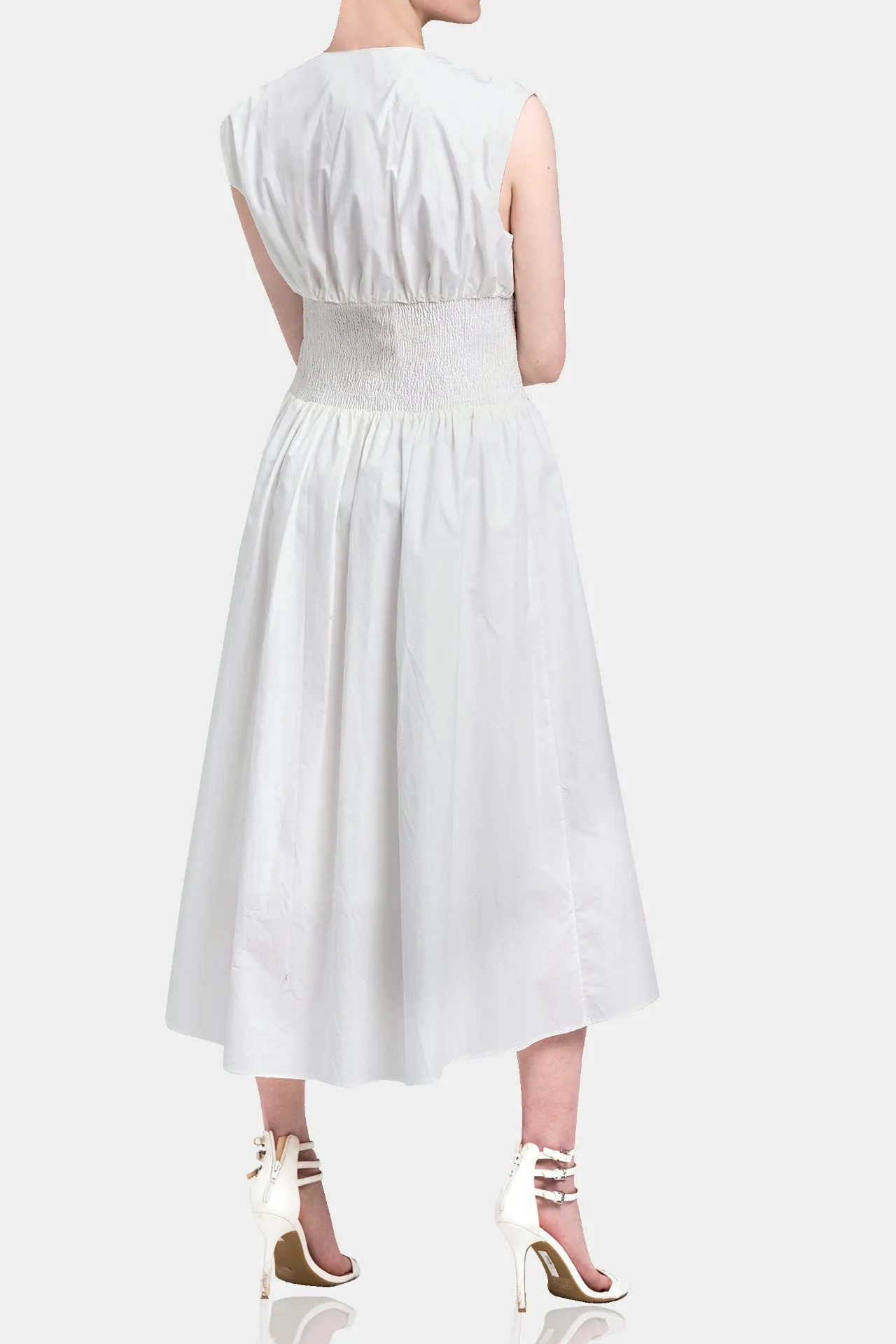 White Ruched Summer Midi Dress