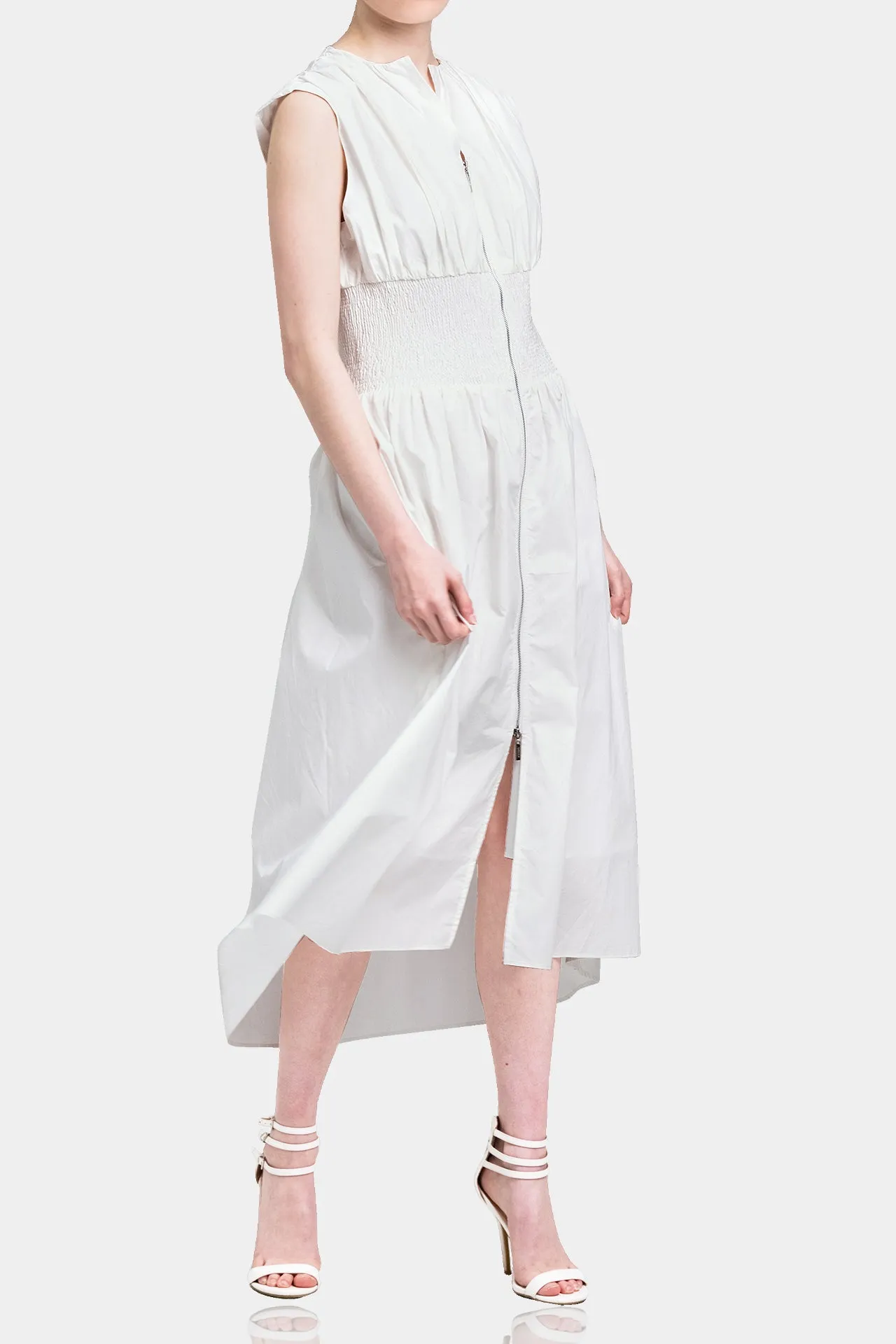 White Ruched Summer Midi Dress