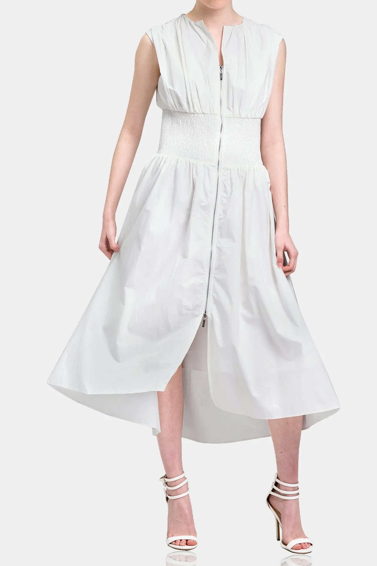 White Ruched Summer Midi Dress