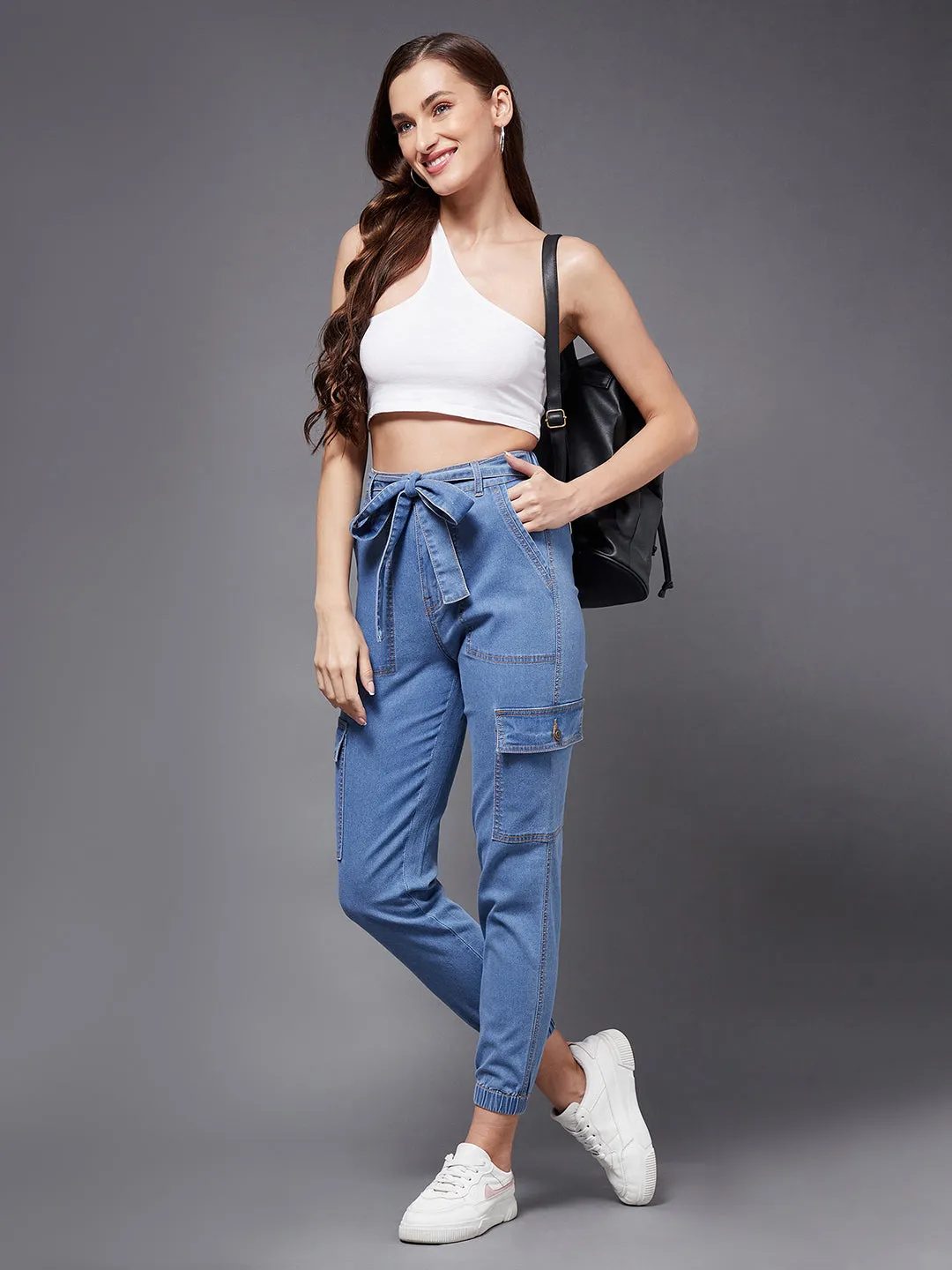 Women's Blue High rise Stretchable Denim Joggers