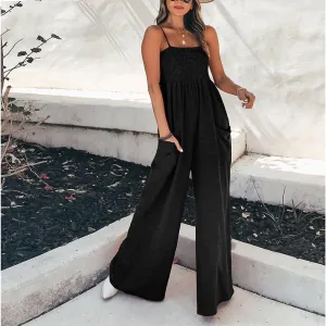 Women’s Casual Wide Leg Smoked Jumpsuit with Side Pockets | Ideal for Spring/Summer