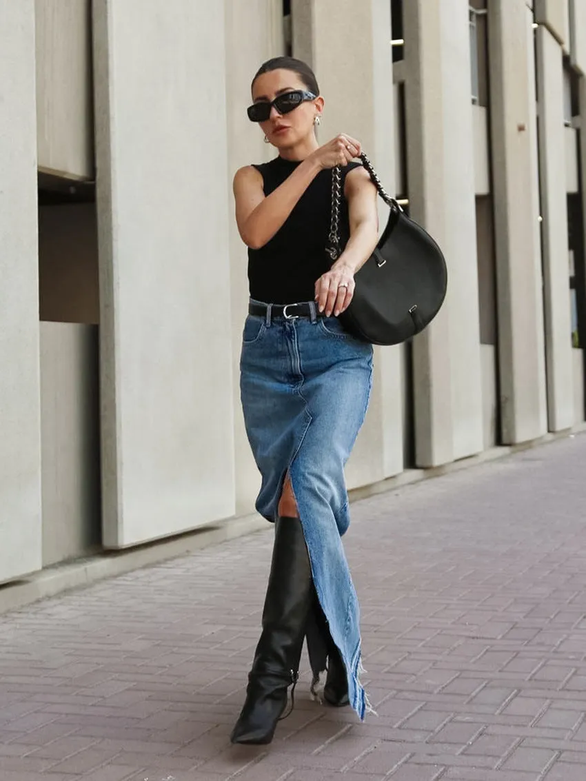 Women's High-Waisted Slim Fit Split Blue Denim Maxi Skirt Bodycon Design
