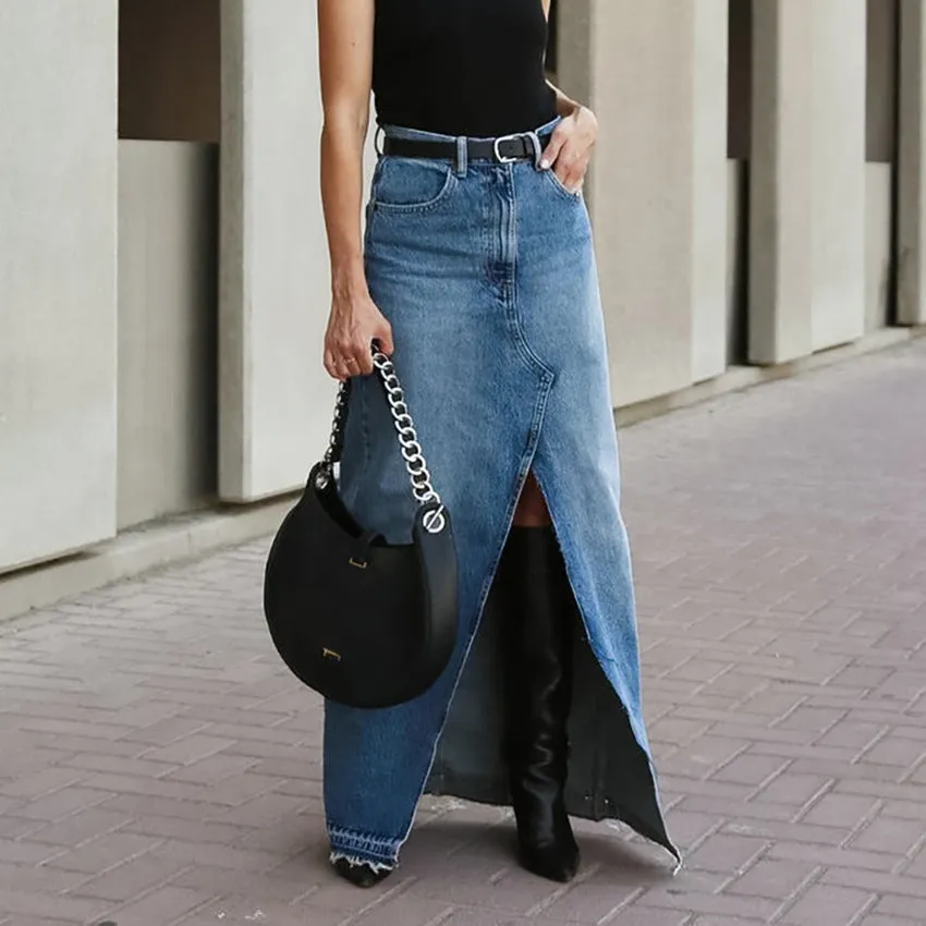 Women's High-Waisted Slim Fit Split Blue Denim Maxi Skirt Bodycon Design