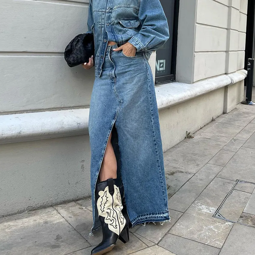 Women's High-Waisted Slim Fit Split Blue Denim Maxi Skirt Bodycon Design