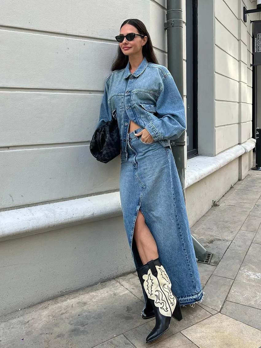 Women's High-Waisted Slim Fit Split Blue Denim Maxi Skirt Bodycon Design