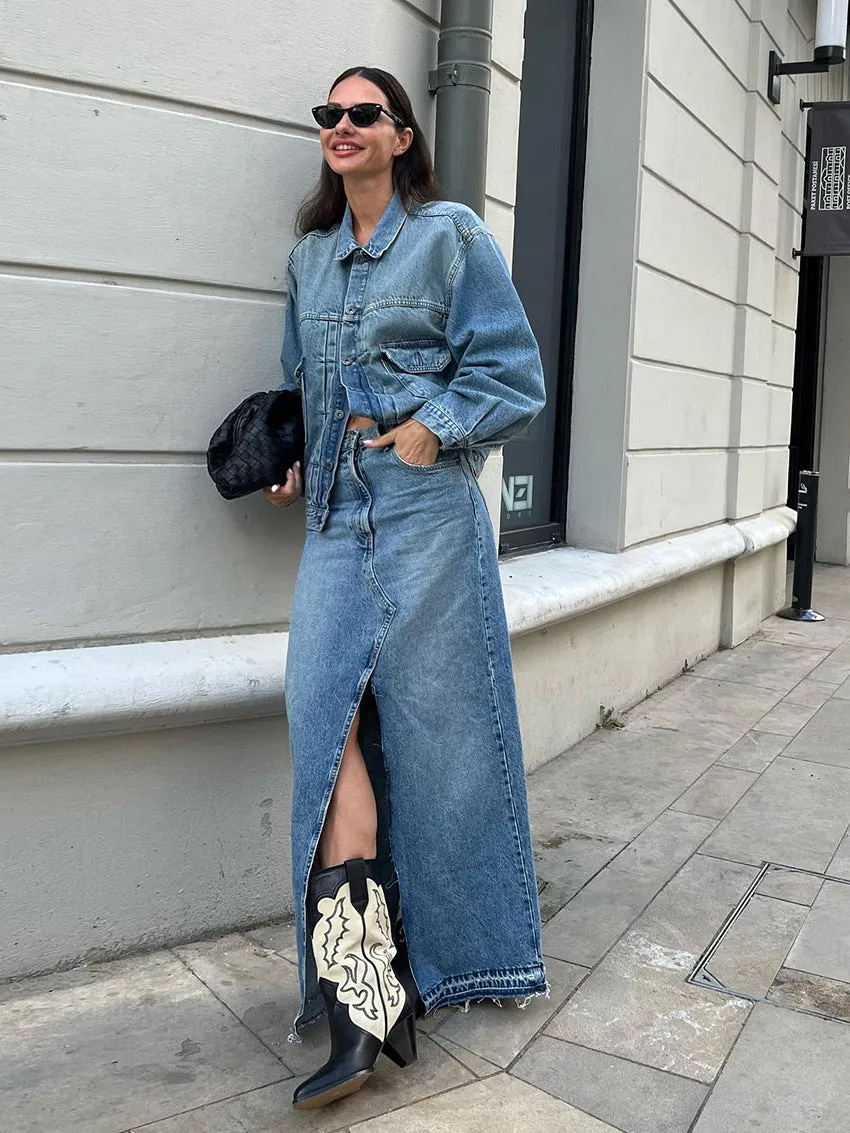 Women's High-Waisted Slim Fit Split Blue Denim Maxi Skirt Bodycon Design