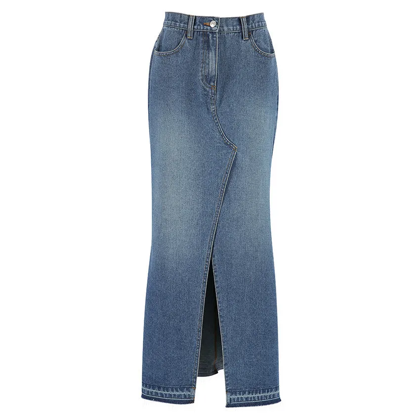 Women's High-Waisted Slim Fit Split Blue Denim Maxi Skirt Bodycon Design