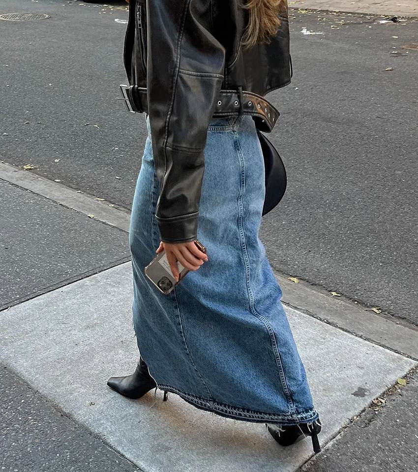 Women's High-Waisted Slim Fit Split Blue Denim Maxi Skirt Bodycon Design