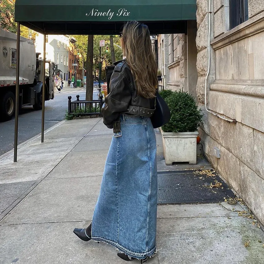 Women's High-Waisted Slim Fit Split Blue Denim Maxi Skirt Bodycon Design