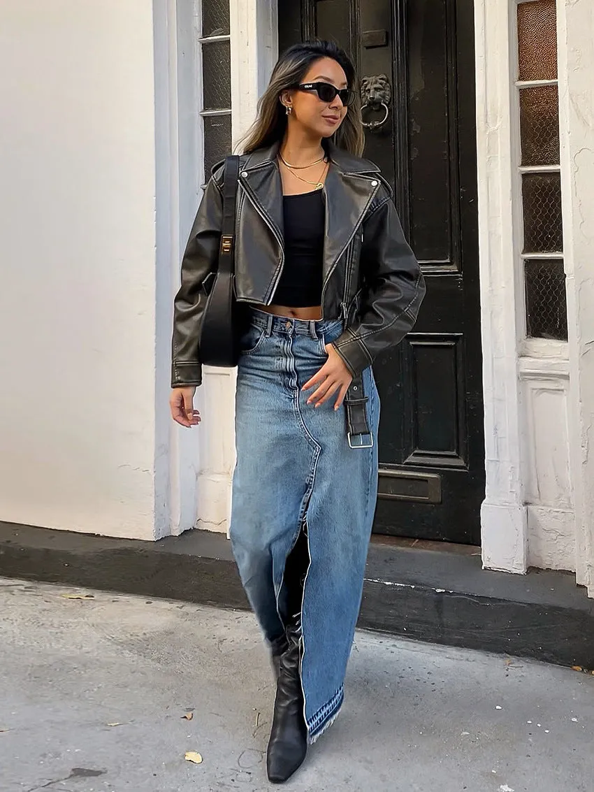 Women's High-Waisted Slim Fit Split Blue Denim Maxi Skirt Bodycon Design