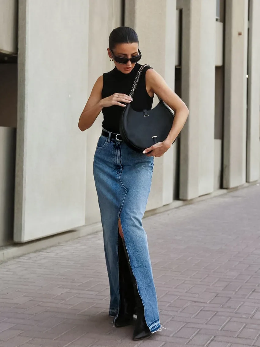 Women's High-Waisted Slim Fit Split Blue Denim Maxi Skirt Bodycon Design