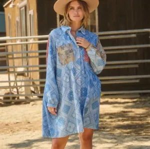 Women's Patch Work Button Down Shirt Dress in Blue Multi (Available in Plus Sizes)