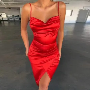 Wrap Ruched Cowl Neck Satin Slip Dress