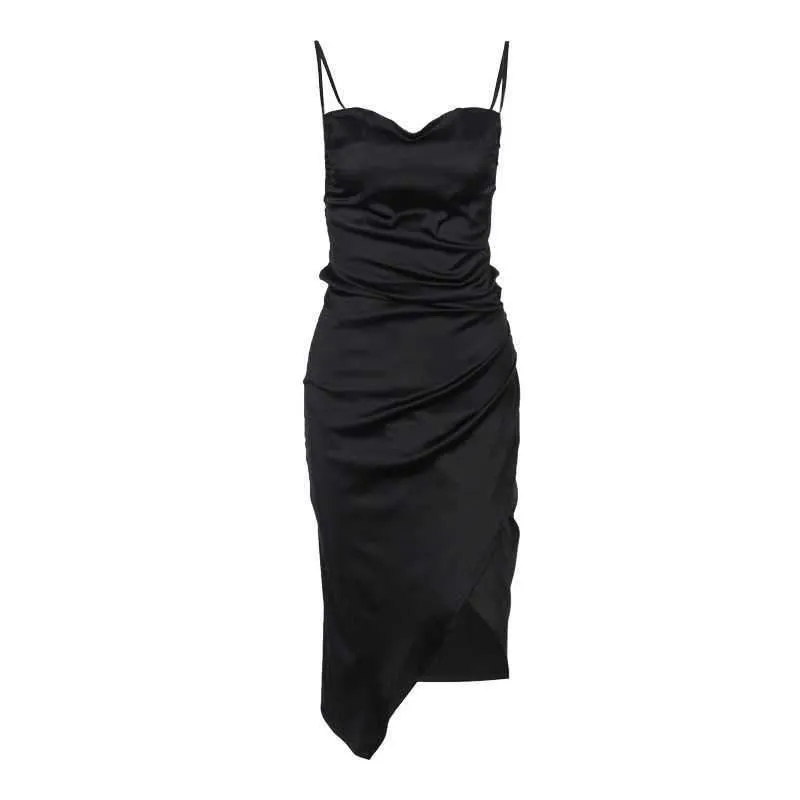 Wrap Ruched Cowl Neck Satin Slip Dress