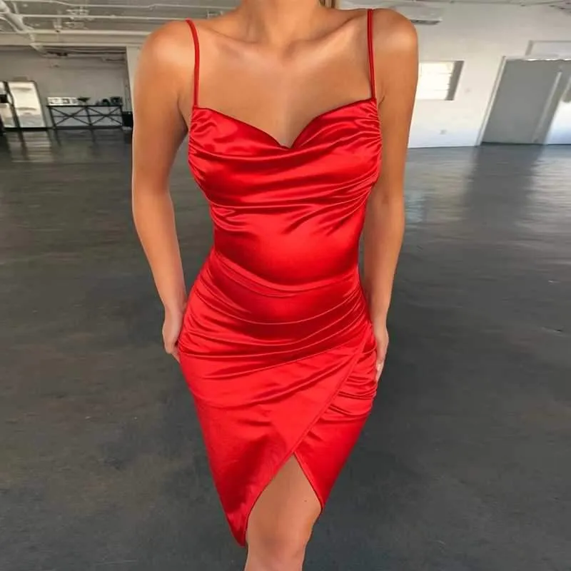 Wrap Ruched Cowl Neck Satin Slip Dress