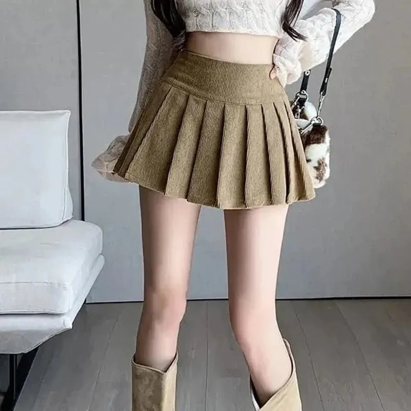 Y2K Corduroy Pleated Mini Skirt - High Waist Korean Style A-Line Skirt
