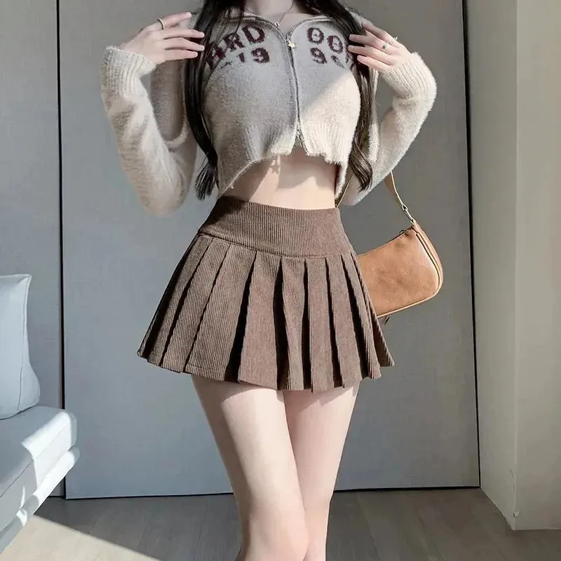 Y2K Corduroy Pleated Mini Skirt - High Waist Korean Style A-Line Skirt