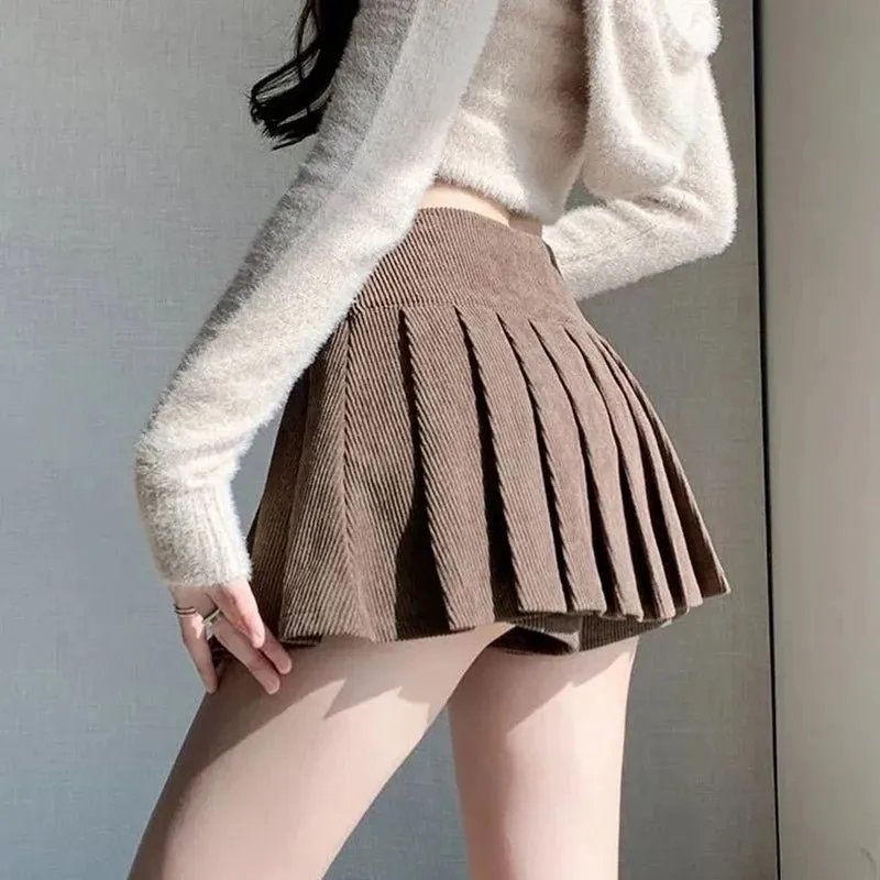 Y2K Corduroy Pleated Mini Skirt - High Waist Korean Style A-Line Skirt