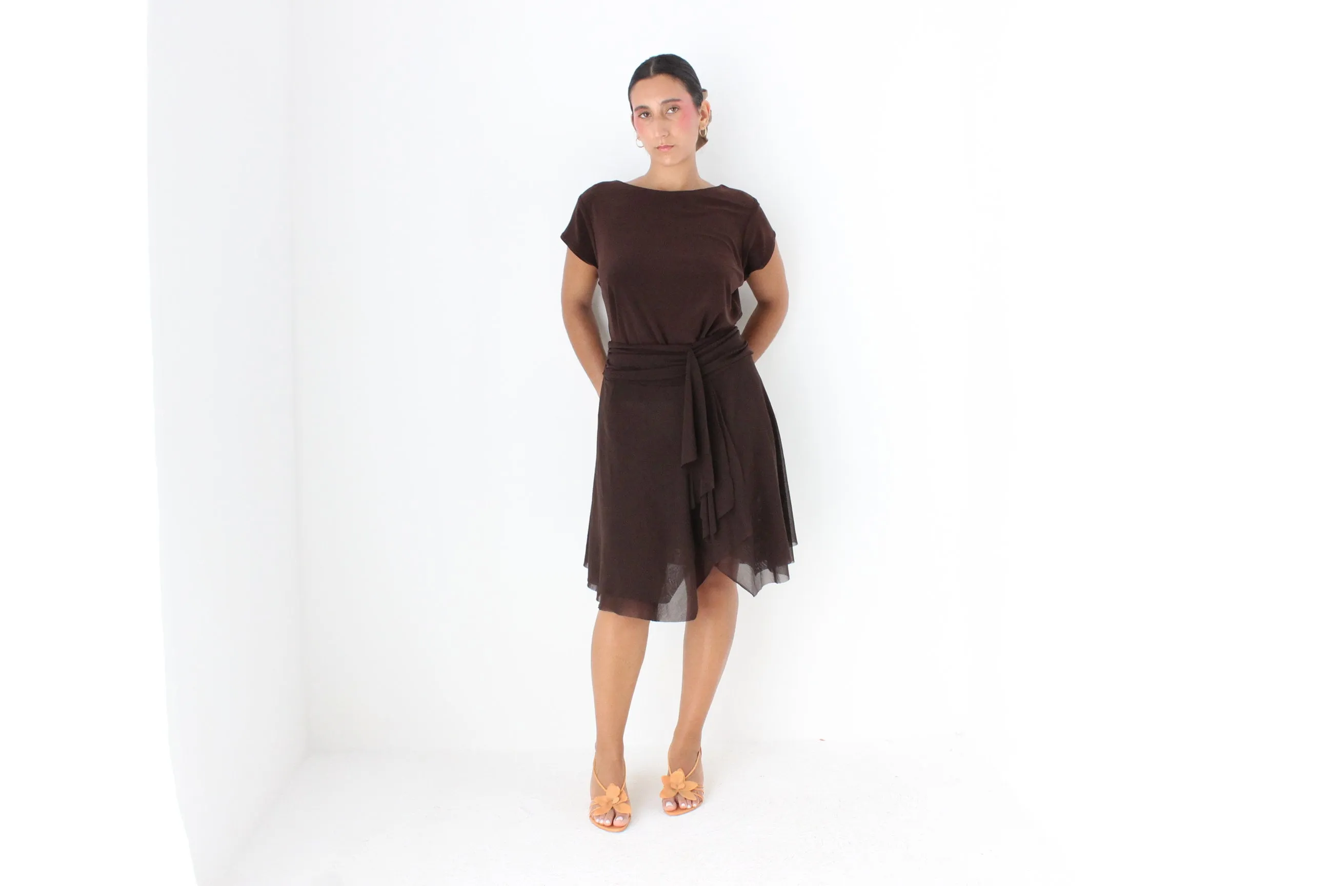 Y2K Tommy Bahama Stretch Chocolate Layered Mesh Pointed Hem Skirt