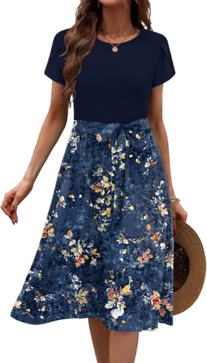 Zeagoo Womens Midi Dress Short Sleeve Dress with Pockets