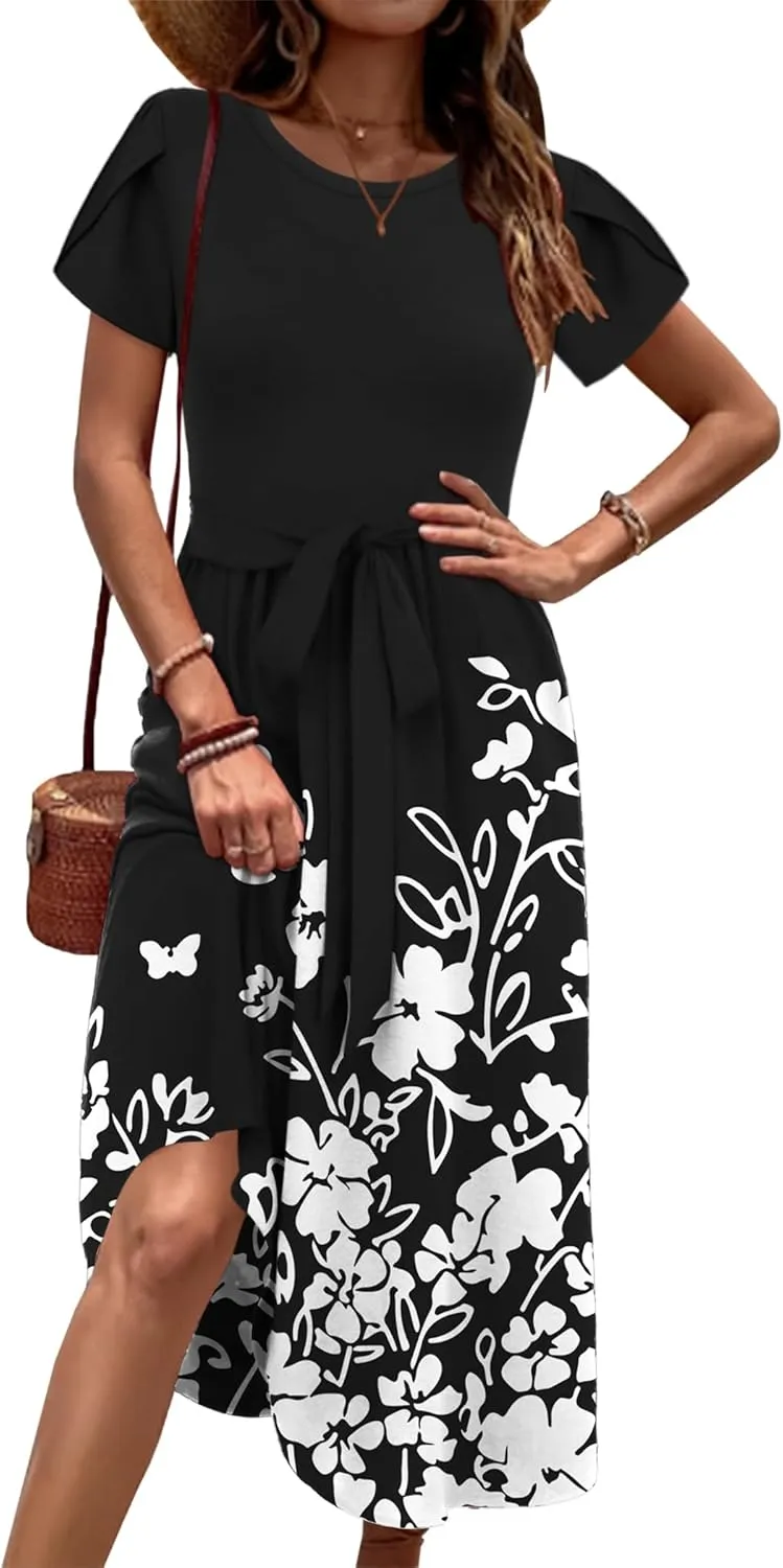 Zeagoo Womens Midi Dress Short Sleeve Dress with Pockets
