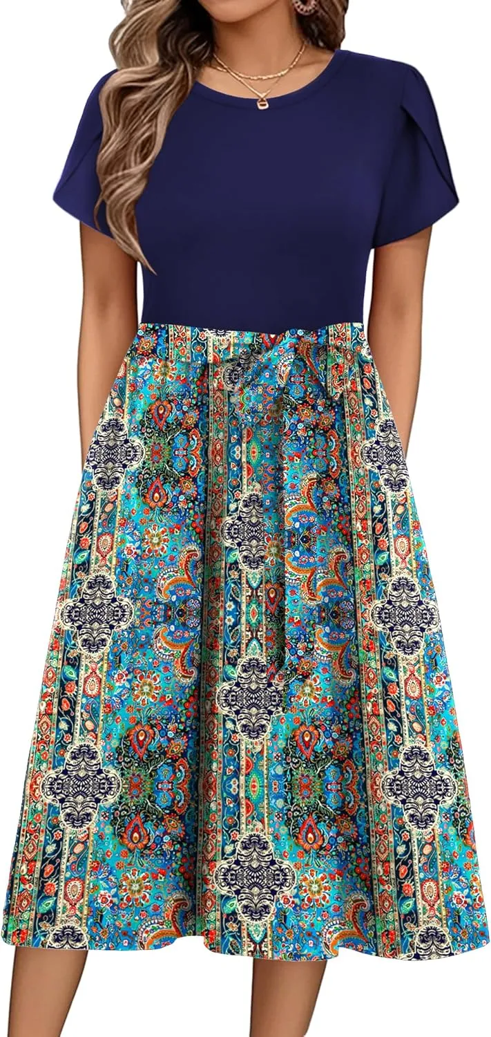 Zeagoo Womens Midi Dress Short Sleeve Dress with Pockets