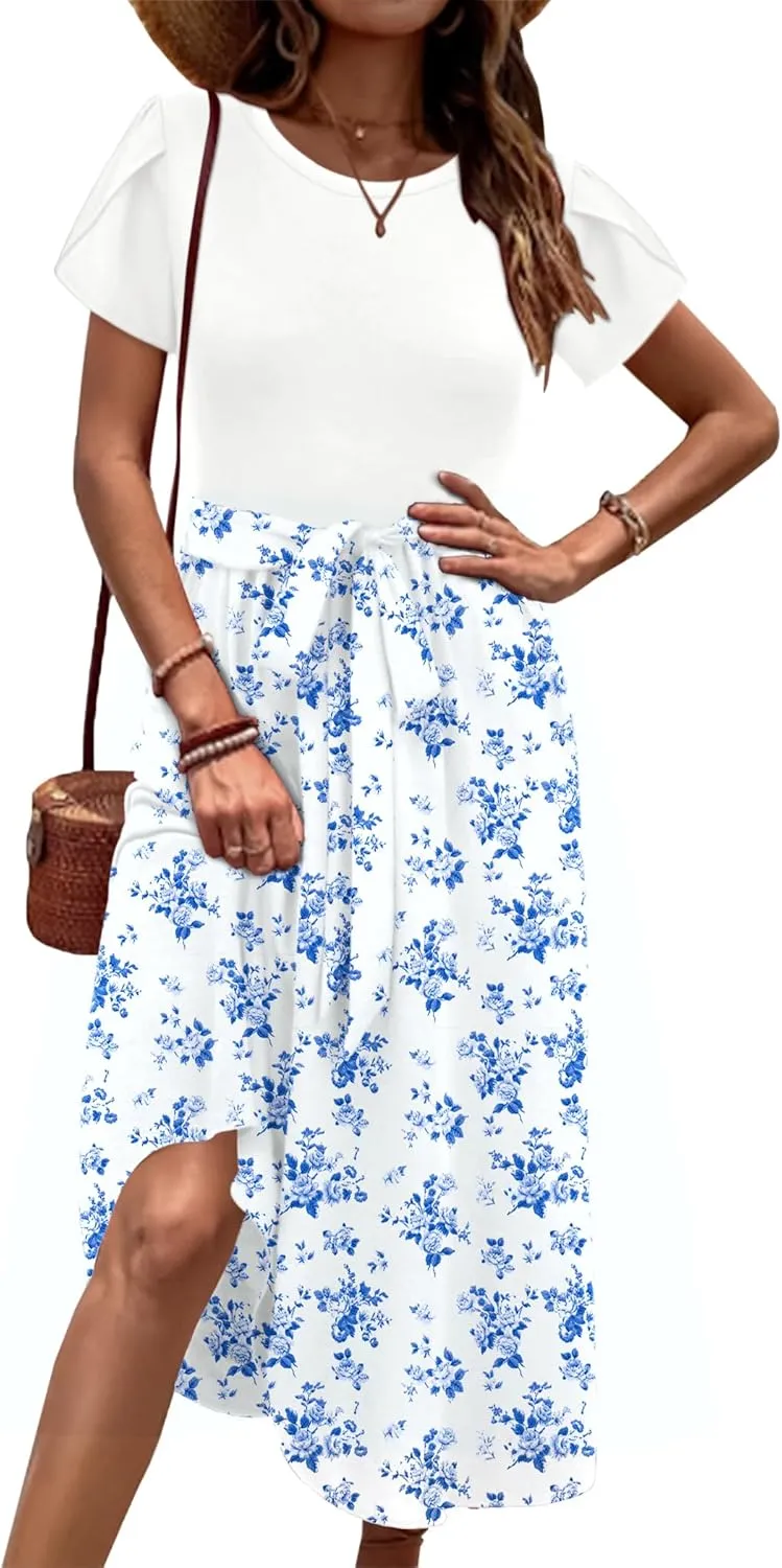 Zeagoo Womens Midi Dress Short Sleeve Dress with Pockets