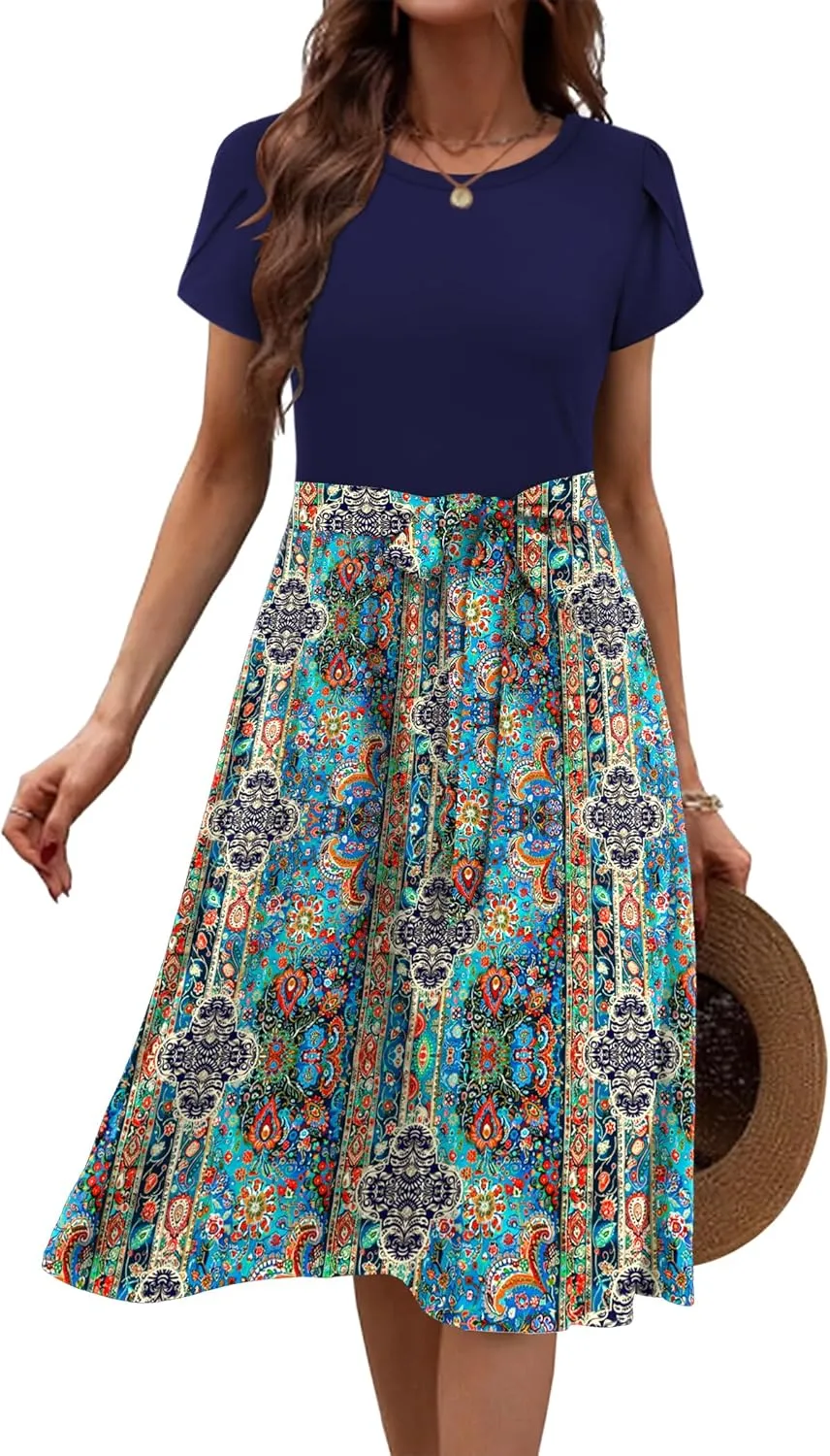 Zeagoo Womens Midi Dress Short Sleeve Dress with Pockets