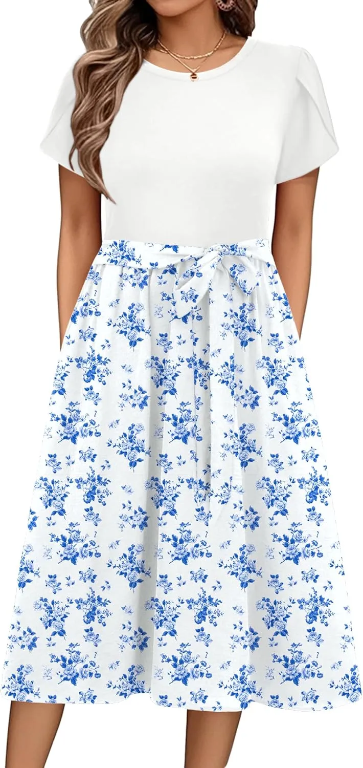 Zeagoo Womens Midi Dress Short Sleeve Dress with Pockets