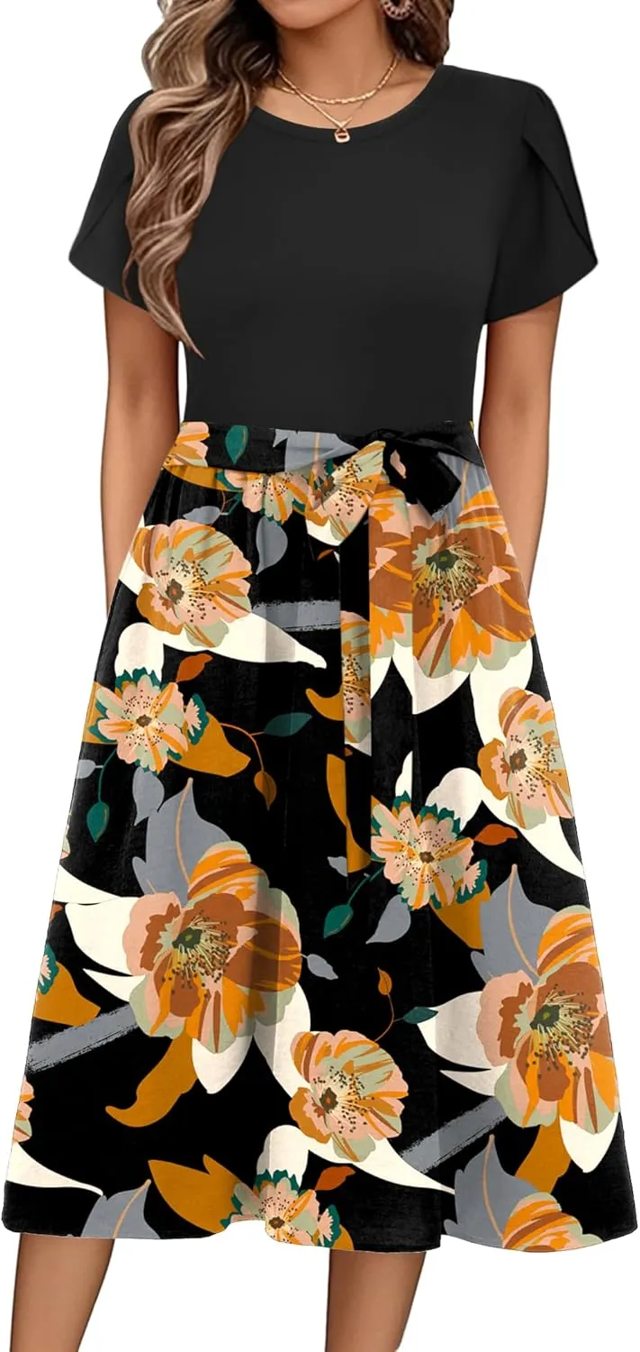 Zeagoo Womens Midi Dress Short Sleeve Dress with Pockets