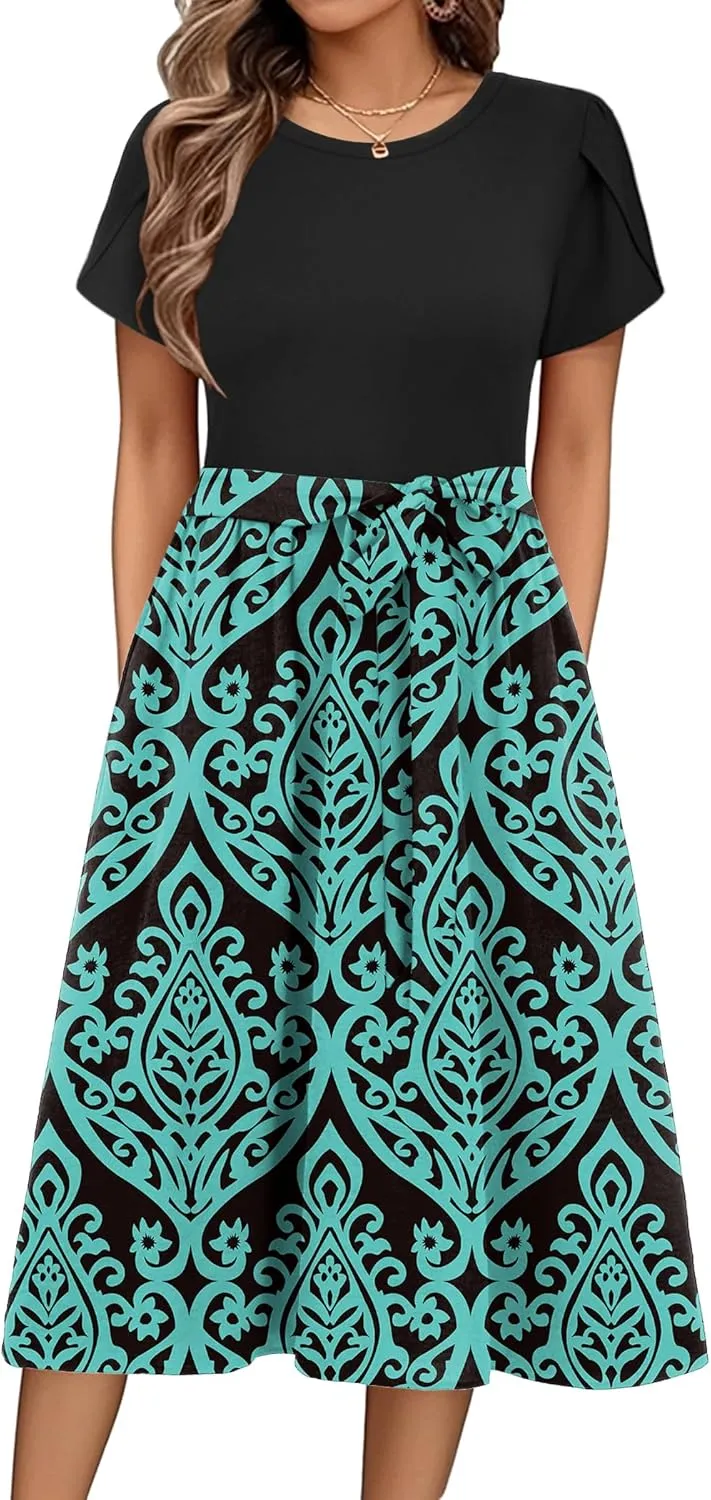 Zeagoo Womens Midi Dress Short Sleeve Dress with Pockets